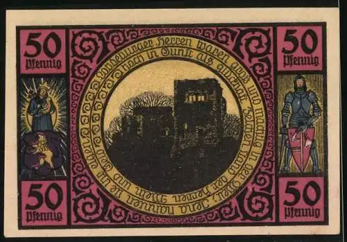 Notgeld Lobeda 1921, 50 Pfennig, Fische & Hummer, im Tale die Saale, Burgruine