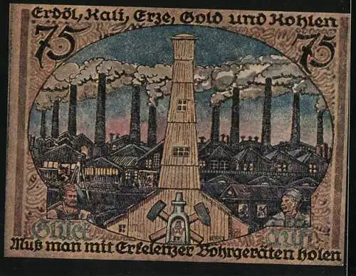 Notgeld Erkelenz 1921, 75 Pfennig, Stadtwappen, Bergmänner vor dem Bergwerk