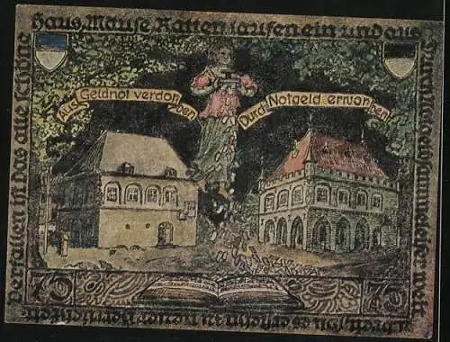 Notgeld Erkelenz 1921, 75 Pfennig, Stadtwappen, aus Geldnot verdorben - durch Geldnot erworben, Häuser