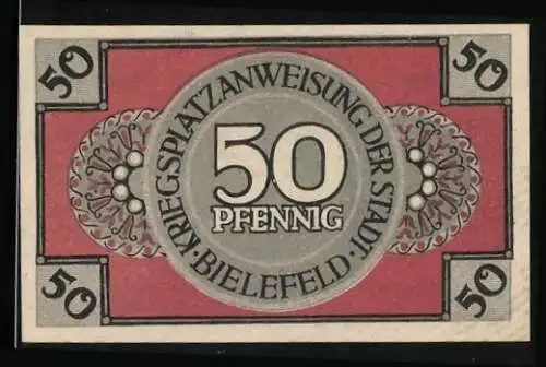Notgeld Bielefeld 1918, 50 Pfennig, Schmied am Ambos, Soldat, Stadtwappen