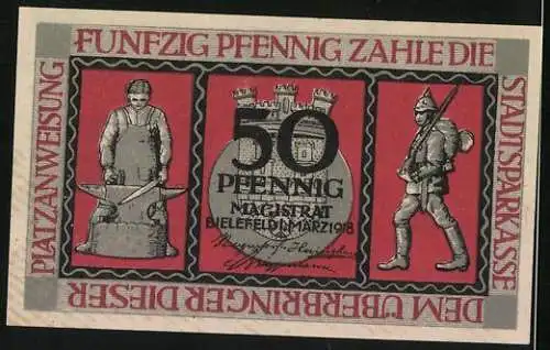 Notgeld Bielefeld 1918, 50 Pfennig, Schmied am Ambos, Soldat, Stadtwappen