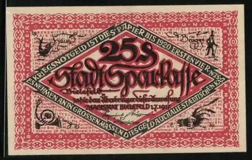 Notgeld Bielefeld 1917, 25 Pfennig, Kriegsplatz-Anweisung, Fisch, Posthorn, Mann