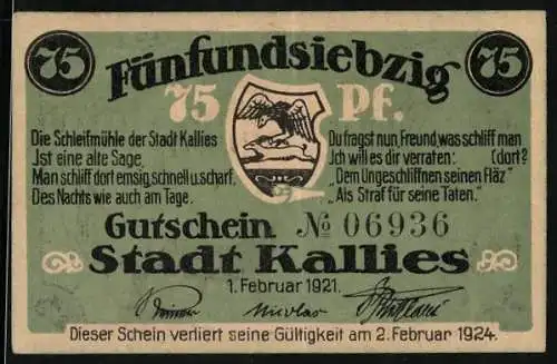 Notgeld Kallies 1921, 75 Pfennig, Hie wat de Fläz abschleipa, Arbeiter mit mobilem Schleifstein