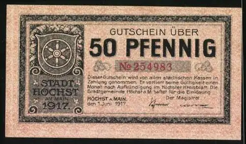 Notgeld Höchst am Main 1917, 50 Pfennig, Stadtwappen, nachte Kinder mit Obstranken