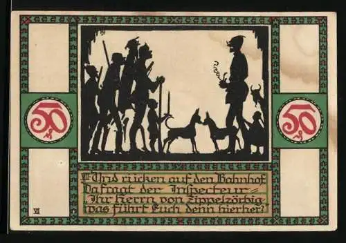 Notgeld Zörbig 1921, 50 Pfennig, Stadtwappen, Gebäudeansichten, Bauern am Bahnhof