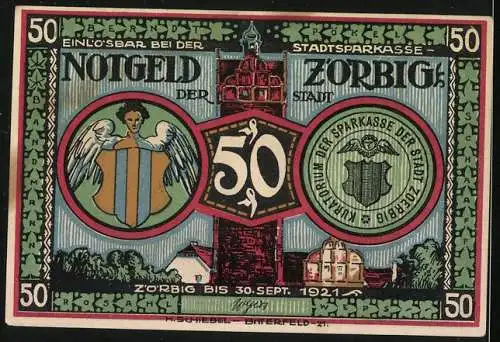 Notgeld Zörbig 1921, 50 Pfennig, Stadtwappen, Gebäudeansichten, Bauern am Bahnhof