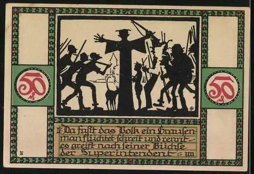 Notgeld Zörbig 1921, 50 Pfennig, Stadtwappen, Gebäudeansichten, Volk mit Superindentanten