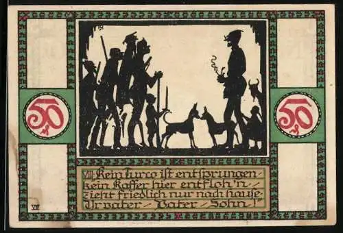 Notgeld Zörbig 1921, 50 Pfennig, Bauern-Aufruhr, Stadtwappen, Gebäudeansichten