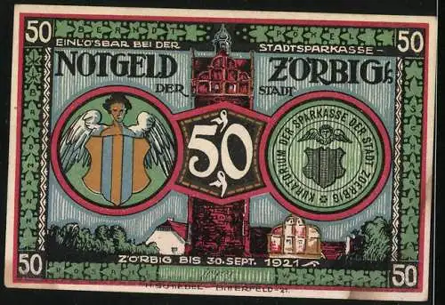 Notgeld Zörbig 1921, 50 Pfennig, Bauern-Aufruhr, Stadtwappen, Gebäudeansichten