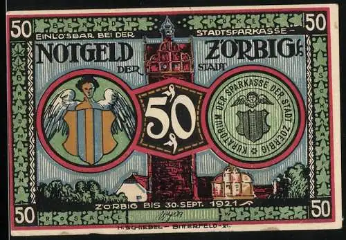 Notgeld Zörbig 1921, 50 Pfennig, Stadtwappen, Gebäudeansichten, Bauern-Aufruhr