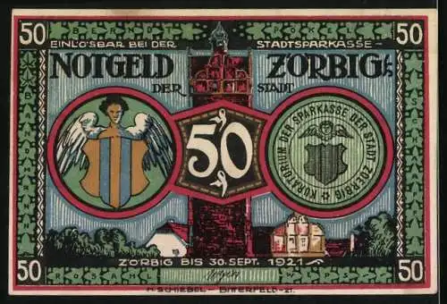 Notgeld Zörbig 1921, 50 Pfennig, Stadtwappen, Gebäudeansichten, Bauern-Aufruhr