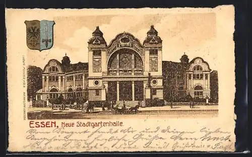 Lithographie Essen / Ruhr, Neue Stadtgartenhalle, Wappen