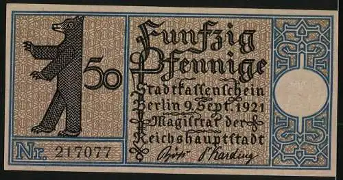 Notgeld Berlin 1921, 50 Pfennig, Berliner Bär, Überfahrt zum Stralauer Fischzug um 1825