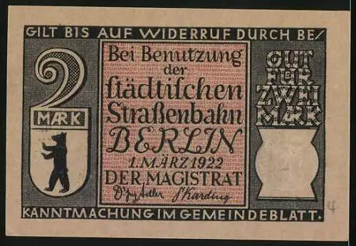 Notgeld Berlin 1922, 2 Mark, Stadtwappen, Berliner Strassenlokomotive um 1877, Strassenbahn