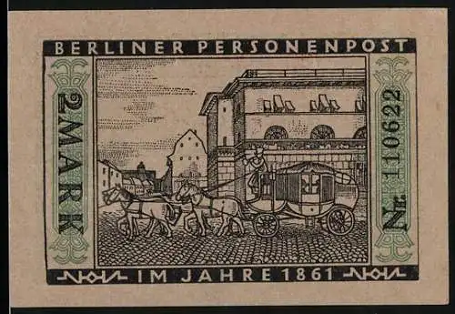 Notgeld Berlin 1922, 2 Mark, Stadtwappen, Berliner Personenpost im Jahre 1861, Postkutsche