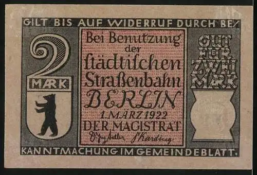 Notgeld Berlin 1922, 2 Mark, Stadtwappen, Berliner Personenpost im Jahre 1861, Postkutsche