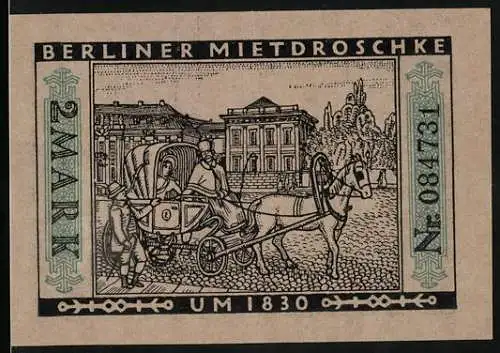 Notgeld Berlin 1922, 2 Mark, Stadtwappen, Berliner Mietdroschke im 1830