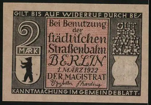 Notgeld Berlin 1922, 2 Mark, Stadtwappen, Berliner Mietdroschke im 1830