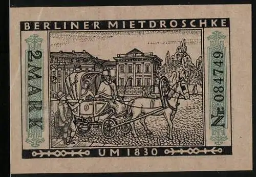 Notgeld Berlin 1922, 2 Mark, Stadtwappen, Berliner Mietdroschke um 1830