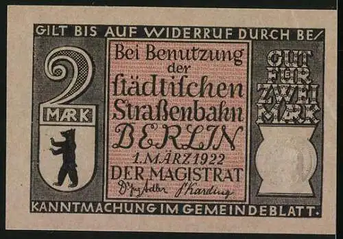 Notgeld Berlin 1922, 2 Mark, Stadtwappen, Berliner Mietdroschke um 1830