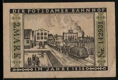 Notgeld Berlin 1922, 2 Mark, Stadtwappen, Potsdamer Bahnhof im Jahre 1838