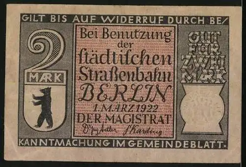 Notgeld Berlin 1922, 2 Mark, Stadtwappen, Potsdamer Bahnhof im Jahre 1838