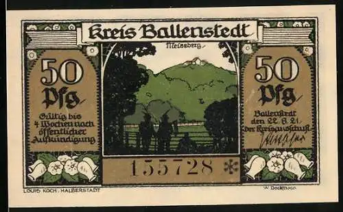 Notgeld Ballenstedt 1921, 50 Pfennig, Meisenberg, Knock fügt First und Stempel zusammen