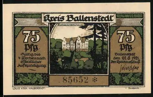 Notgeld Ballenstedt 1921, 75 Pfennig, Kreiskrankenhaus, Zwerge bei der Holzverarbeitung