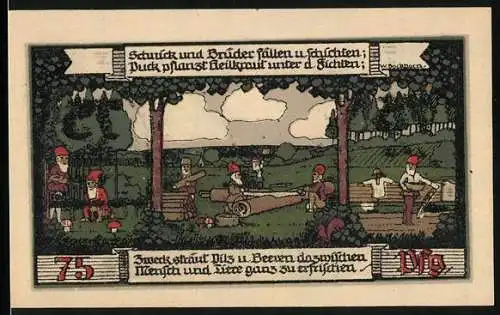 Notgeld Ballenstedt 1921, 75 Pfennig, Kreiskrankenhaus, Zwerge bei der Holzverarbeitung