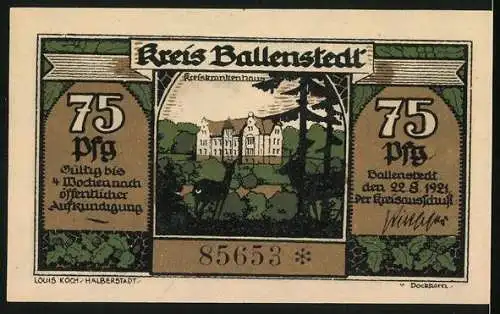 Notgeld Ballenstedt 1921, 75 Pfennig, Kreiskrankenhaus, Zwerge bei der Holzverarbeitung