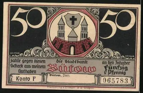 Notgeld Bütow i. Pom., 50 Pfennig, Wappen mit Türmen, Knappe vor dem Ritterschloss