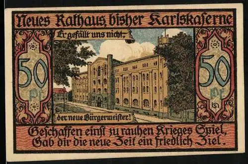 Notgeld Bernburg, 50 Pfennig, neues Rathaus, ehem. Karlskaserne, Wappen