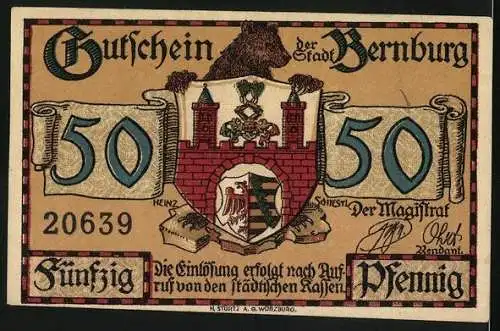 Notgeld Bernburg, 50 Pfennig, neues Rathaus, ehem. Karlskaserne, Wappen