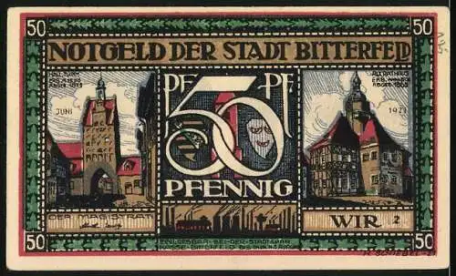 Notgeld Bitterfeld 1921, 50 Pfennig, Bergmänner, Landkarte, altes Rathaus, Hall-Turm