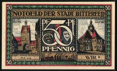 Notgeld Bitterfeld 1921, 50 Pfennig, Reisende auf einem Bahnsteig, Hall-Turm, altes Rathaus, Stadtwappen