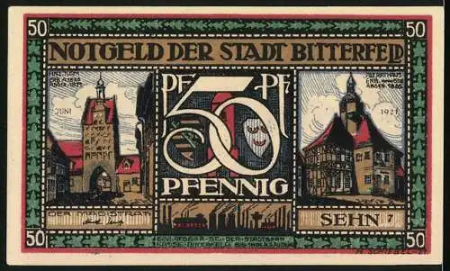 Notgeld Bitterfeld 1921, 50 Pfennig, Anwohner an einem Wegweiser, Landkarte, altes Rathaus, Hall-Turm