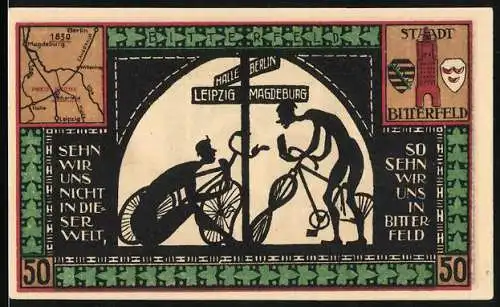 Notgeld Bitterfeld 1921, 50 Pfennig, Radfahrer am Wegweiser, Landkarte, altes Rathaus, Hall-Turm