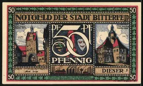 Notgeld Bitterfeld 1921, 50 Pfennig, Radfahrer am Wegweiser, Landkarte, altes Rathaus, Hall-Turm