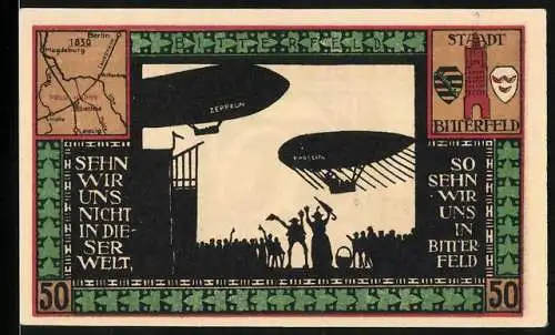 Notgeld Bitterfeld 1921, 50 Pfennig, Anwohner jubeln Zeppelinen am Himmel zu, Landkarte, altes Rathaus, Hall-Turm