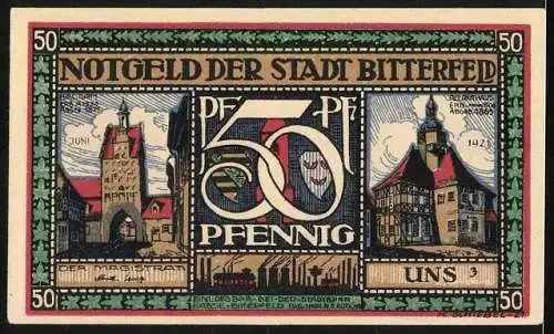 Notgeld Bitterfeld 1921, 50 Pfennig, Reosende mit Gepäck, Landkarte, altes Rathaus, Hall-Turm