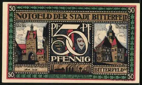 Notgeld Bitterfeld 1921, 50 Pfennig, Pferdegespanne vor einem Bauernhaus, Landkarte, altes Rathaus, Hall-Turm