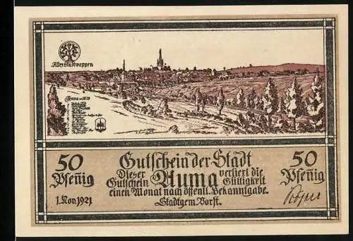 Notgeld Auma 1921, 50 Pfennig, Stadtwappen und Stadtansicht