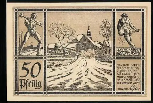 Notgeld Auma 1921, 50 Pfennig, Stadtwappen, Arbeiter & Bauer, Stadtansicht