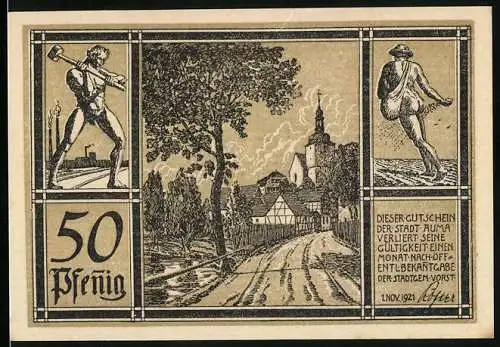 Notgeld Auma 1921, 50 Pfennig, Stadtwappen, Arbeiter & Bauer, Stadtansicht