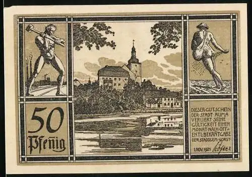 Notgeld Auma 1921, 50 Pfennig, Stadtwappen, Arbeiter & Bauer, Stadtansicht mit Kirche