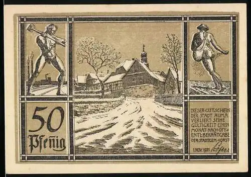 Notgeld Auma 1921, 50 Pfennig, Stadtwappen, Arbeiter & Bauer, Stadtansicht