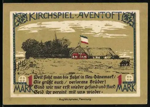 Notgeld Aventoft 1921, 1 Mark, Kirchspiel, Bauernhaus mit Falgge, Wappen