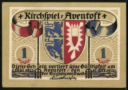 Notgeld Aventoft 1921, 1 Mark, Kirchspiel, Bauernhaus mit Falgge, Wappen