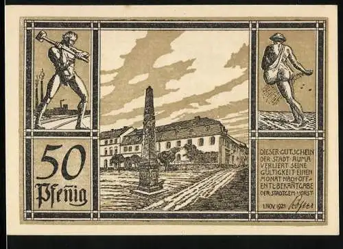 Notgeld Auma 1921, 50 Pfennig, Stadtwappen, Arbeiter & Bauer, Stadtansicht