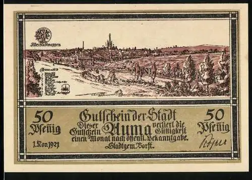 Notgeld Auma 1921, 50 Pfennig, Stadtwappen und Stadtpanorama